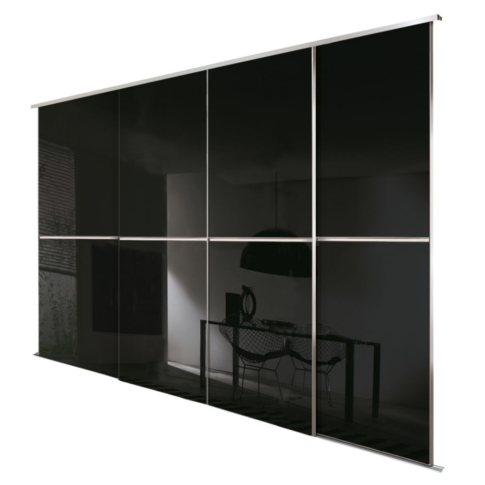 Image of Spacepro Minimalist 4-Door Sliding Wardrobe Door Kit Silver Frame Black Glass Panel 2416mm x 2260mm 