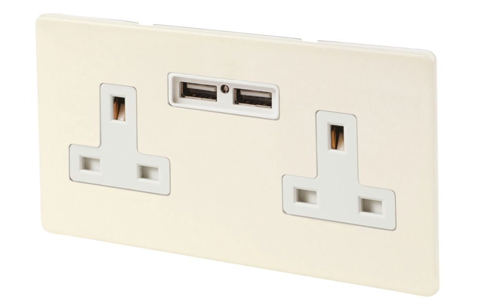 Image of Varilight 13AX 2-Gang Unswitched Socket + 2.1A 2-Outlet Type A USB Charger White Chocolate with White Inserts 