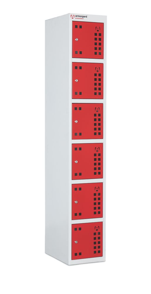 Image of Armorgard PWS6 6-Door Tool & Equipment Storage with Charging Sockets Light Grey with Red Doors 