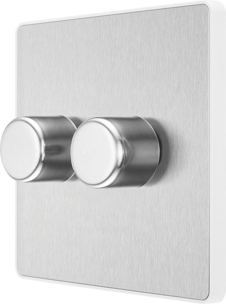 Image of British General Evolve 2-Gang 2-Way LED Trailing Edge Double Push Dimmer with Rotary Control Brushed Steel with White Inserts 