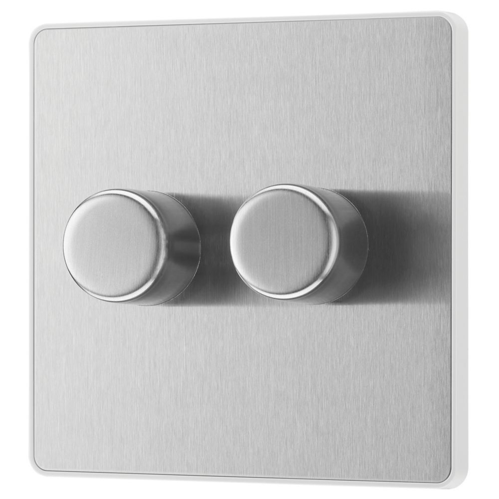 Image of British General Evolve 2-Gang 2-Way LED Trailing Edge Double Push Dimmer with Rotary Control Brushed Steel with White Inserts 