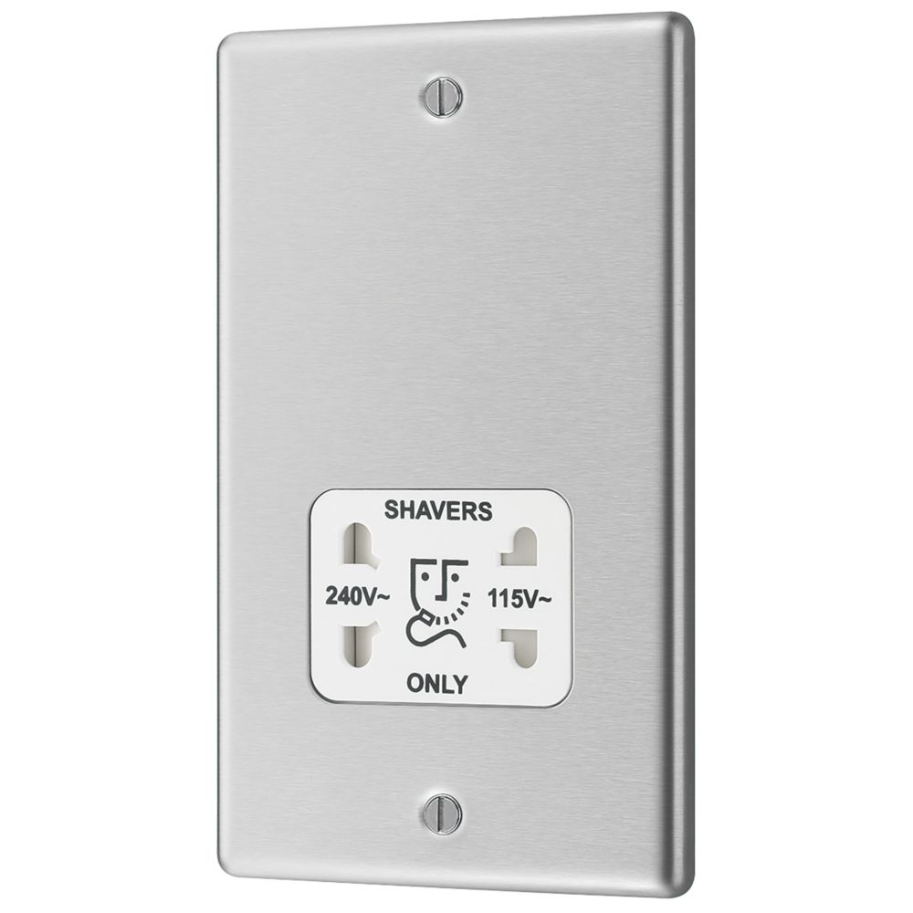 Image of LAP 2-Gang Dual Voltage Shaver Socket 115 / 230V Brushed Stainless Steel with White Inserts 