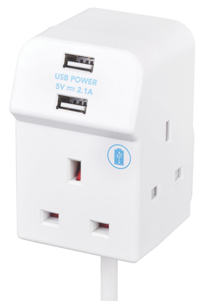 Image of Masterplug 13A 3-Gang Unswitched Extension Lead + 2.1A 2-Outlet Type A USB Charger White 2m 
