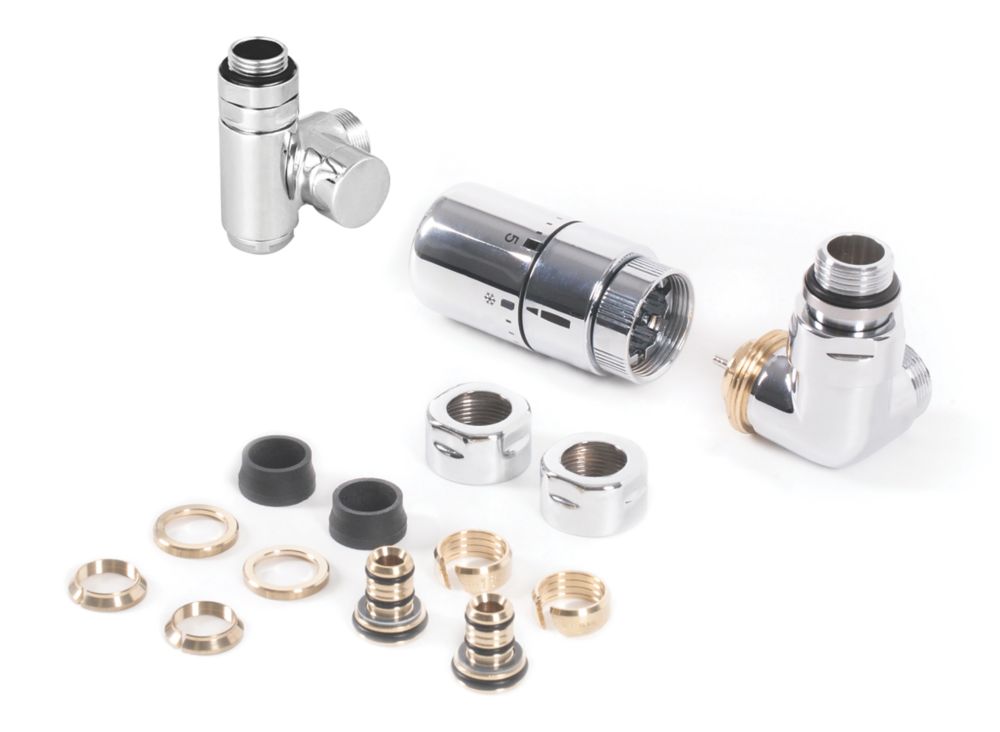 Image of Terma 3-Axis Chrome Corner Thermostatic Radiator Valve, Lockshield & Integrated T-Piece R/S 1/2" x 15mm 