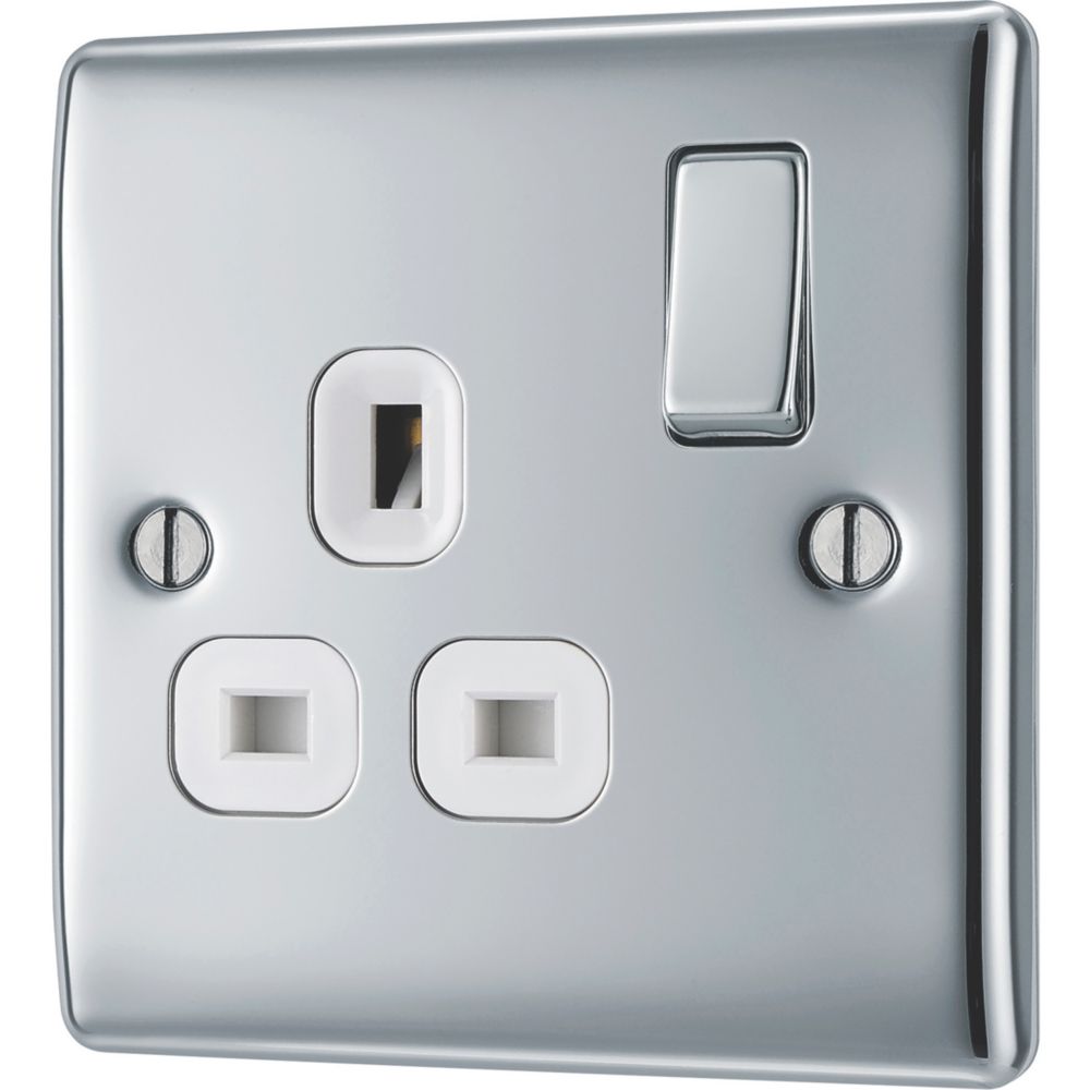 Image of British General Nexus Metal 13A 1-Gang DP Switched Plug Socket Polished Chrome with White Inserts 