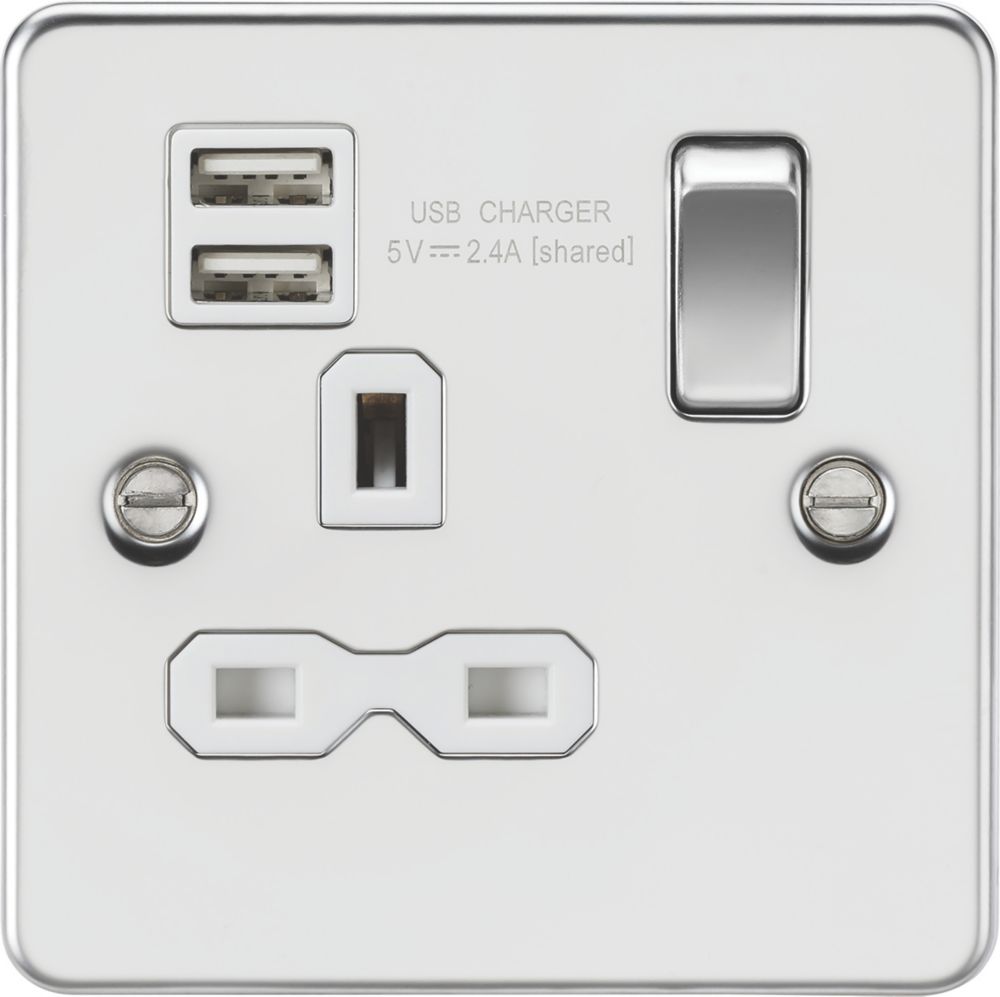 Image of Knightsbridge 13A 1-Gang SP Switched Socket + 2.4A 2-Outlet Type A USB Charger Polished Chrome with White Inserts 