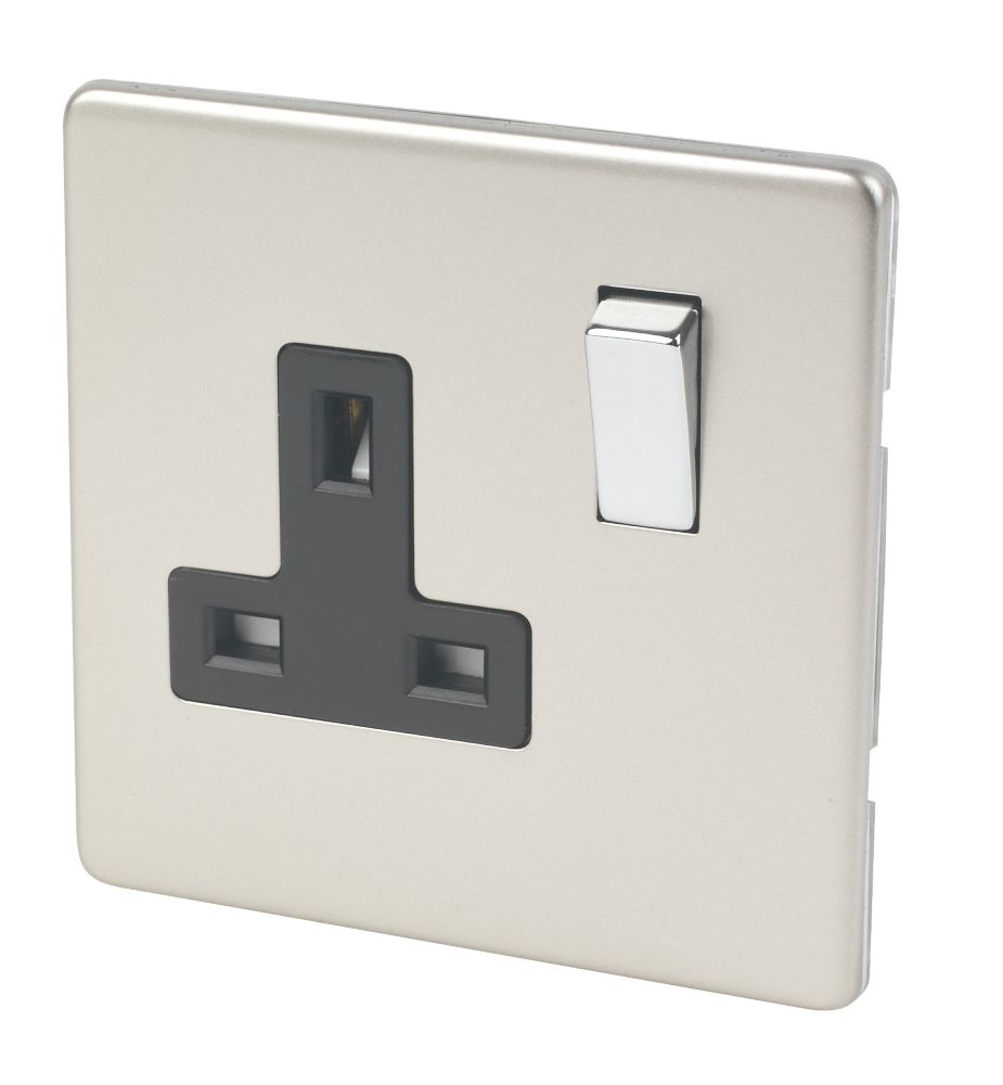 Image of Varilight 13AX 1-Gang DP Switched Plug Socket Satin Chrome with Black Inserts 