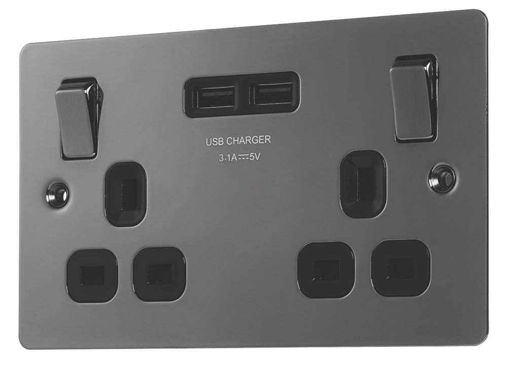 Image of LAP 13A 2-Gang SP Switched Socket + 3.1A 2-Outlet Type A USB Charger Black Nickel with Black Inserts 