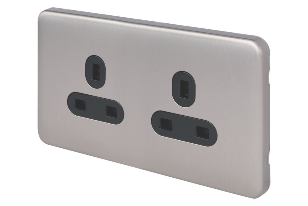 Image of Schneider Electric Lisse Deco 13A 2-Gang Unswitched Plug Socket Brushed Stainless Steel with Black Inserts 
