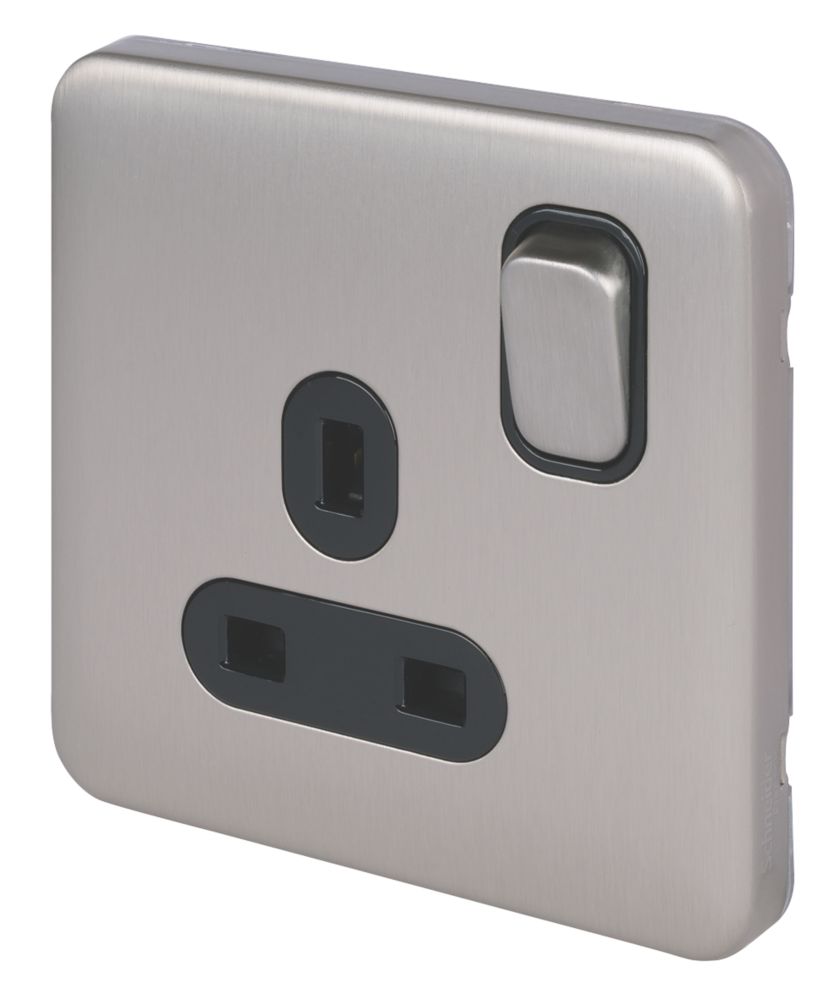 Image of Schneider Electric Lisse Deco 13A 1-Gang DP Switched Plug Socket Brushed Stainless Steel with Black Inserts 