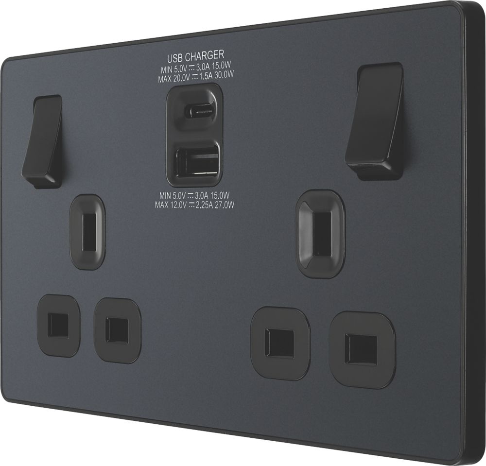 Image of British General Evolve 13A 2-Gang SP Switched Socket + 3A 2-Outlet Type A & C USB Charger Grey with Black Inserts 