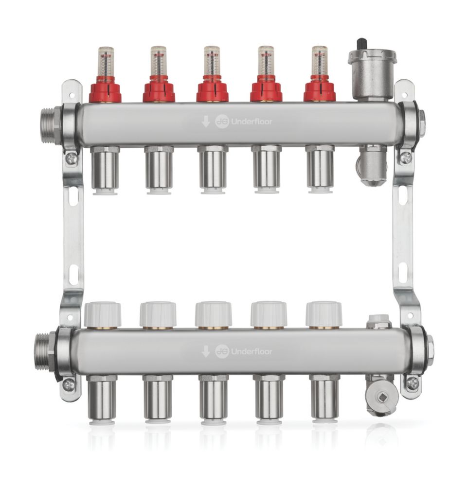Image of JG Underfloor 5 Port Underfloor Heating Manifold Brushed Steel 