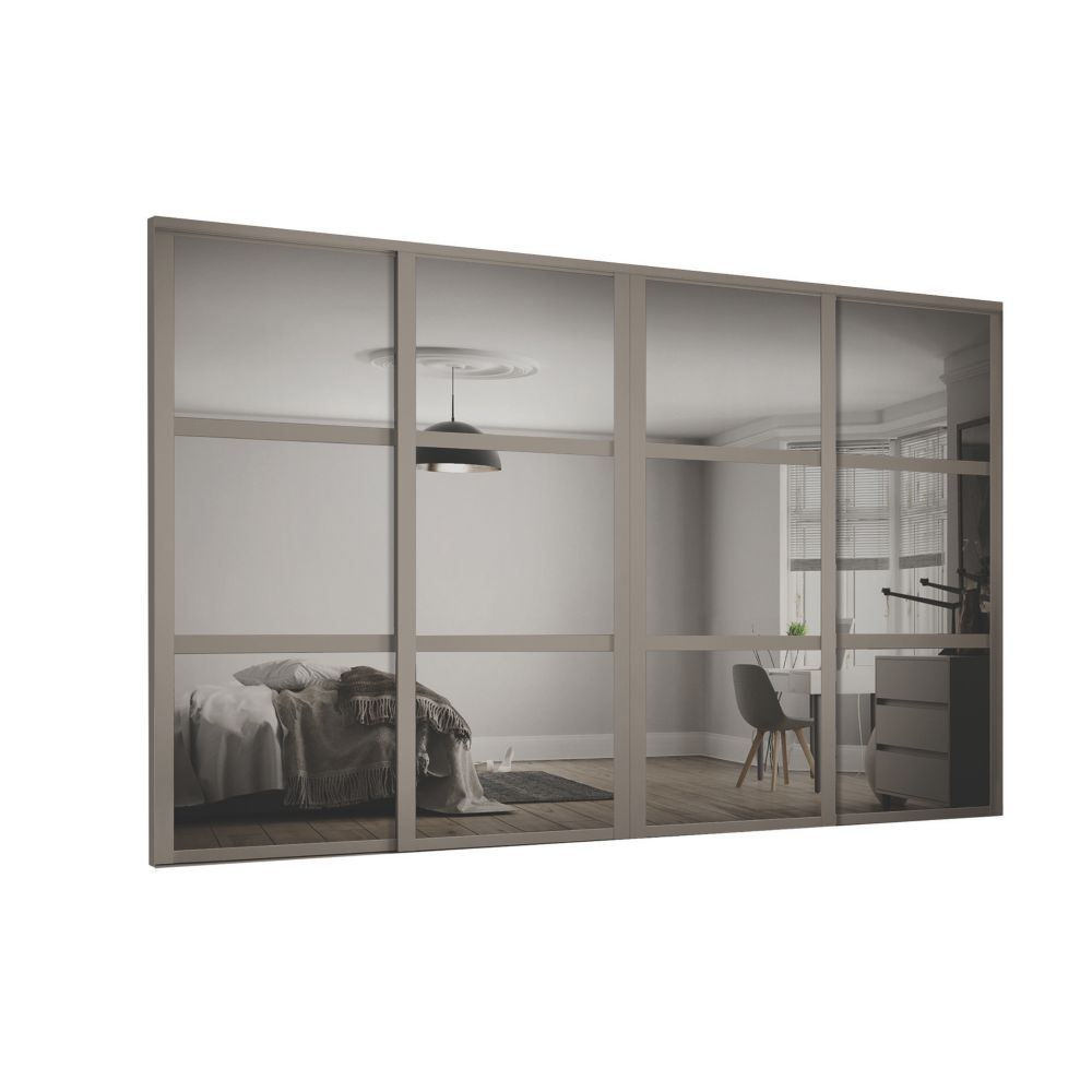 Image of Spacepro Shaker 4-Door Sliding Wardrobe Door Kit Stone Grey Frame Mirror Panel 2978mm x 2260mm 