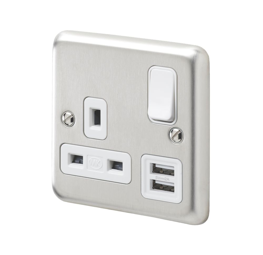 Image of MK Contoura 13A 1-Gang DP Switched Socket + 2A 2-Outlet Type A USB Charger Brushed Stainless Steel with White Inserts 
