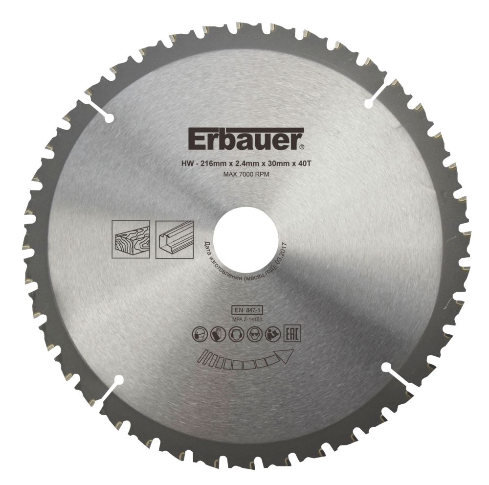 Image of Erbauer Aluminium TCT Saw Blade 216mm x 30mm 40T 