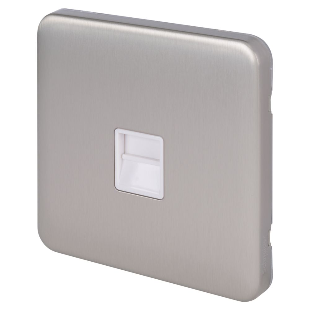 Image of Schneider Electric Lisse Deco Slave Telephone Socket Brushed Stainless Steel with White Inserts 