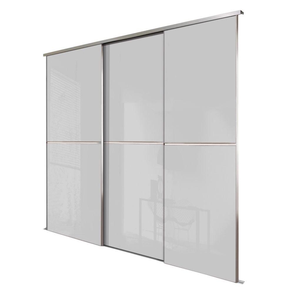 Image of Spacepro Minimalist 3-Door Sliding Wardrobe Door Kit Silver Frame Light Grey Panel 1806mm x 2260mm 