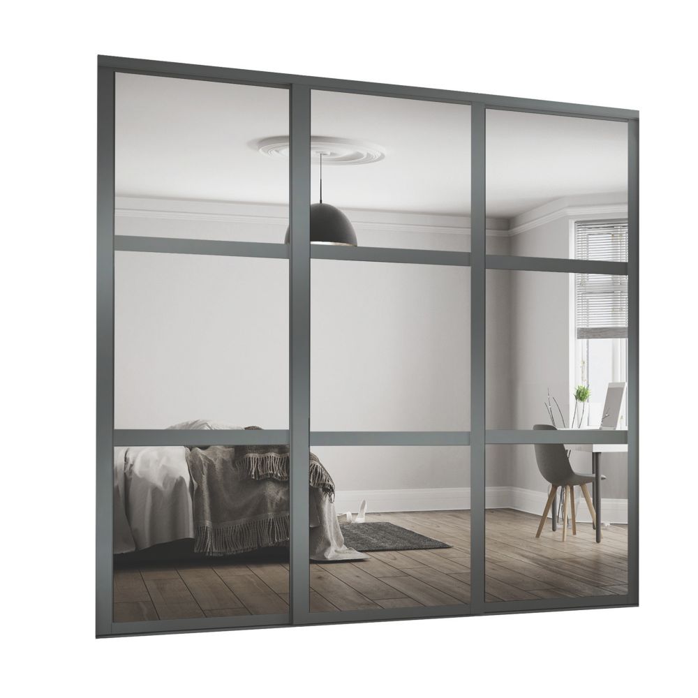 Image of Spacepro Shaker 3-Door Sliding Wardrobe Door Kit Graphite Frame Mirror Panel 1760mm x 2260mm 