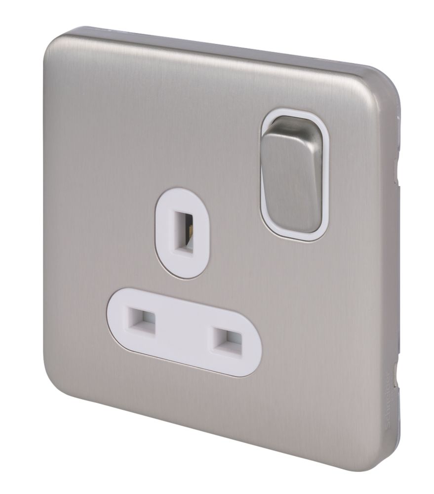 Image of Schneider Electric Lisse Deco 13A 1-Gang SP Switched Plug Socket Brushed Stainless Steel with White Inserts 