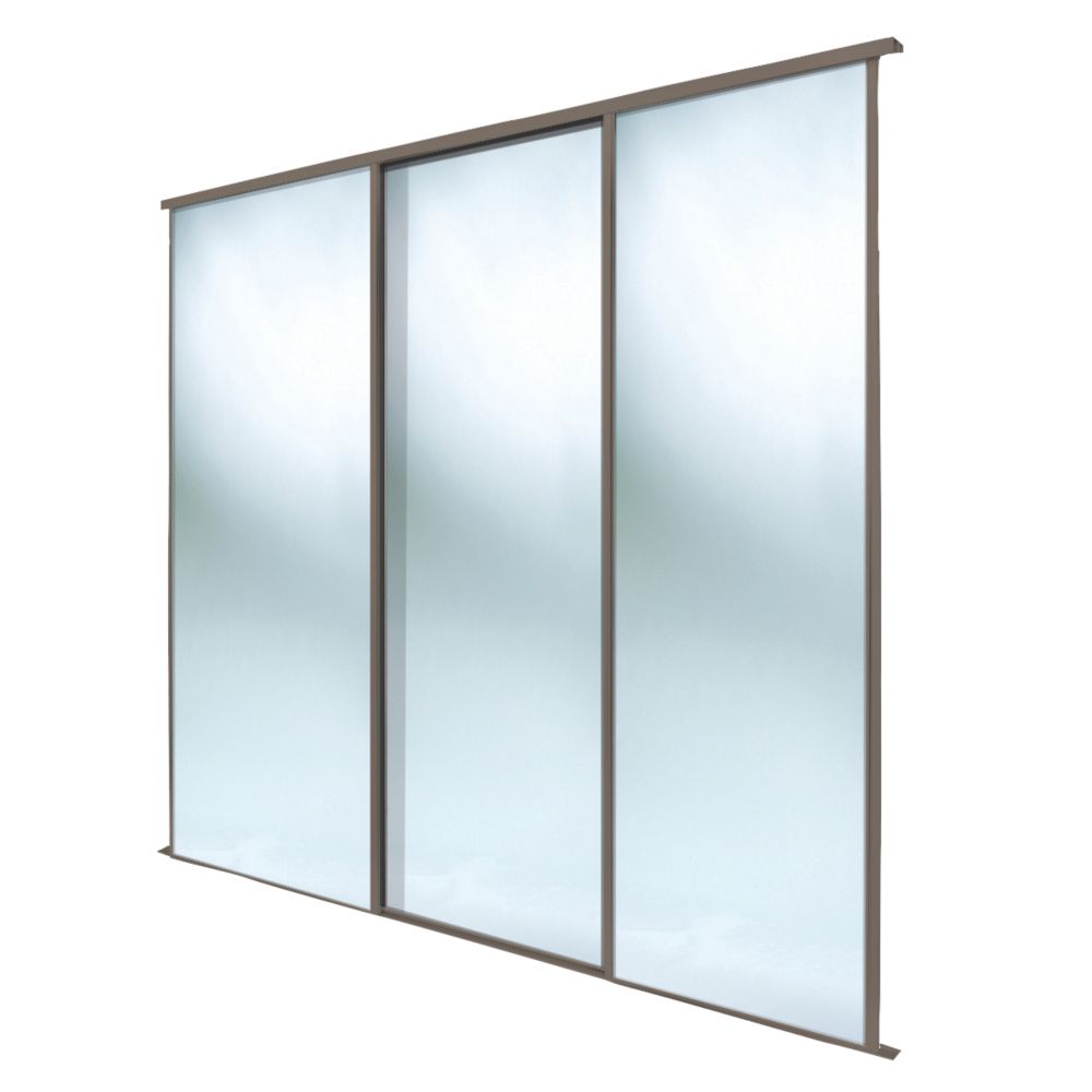 Image of Spacepro Classic 3-Door Sliding Wardrobe Door Kit Stone Grey Frame Mirror Panel 2672mm x 2260mm 
