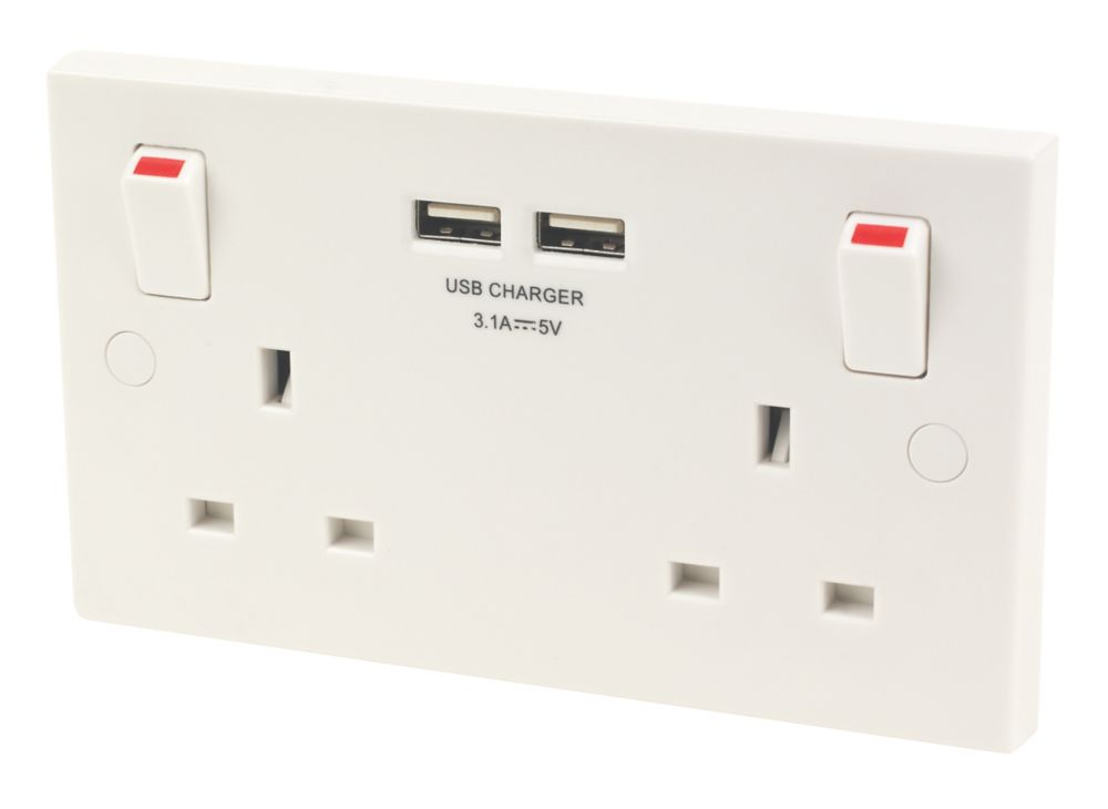 Image of British General 900 Series 13A 2-Gang SP Switched Socket + 3.1A 2-Outlet Type A USB Charger White 