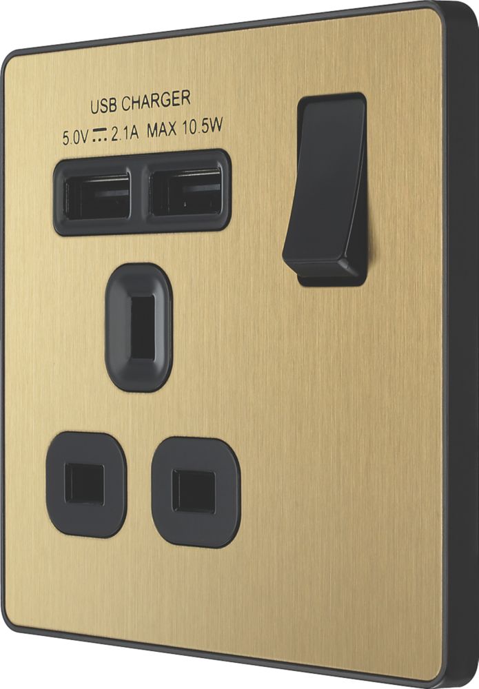 Image of British General Evolve 13A 1-Gang SP Switched Socket + 2.1A 2-Outlet Type A USB Charger Satin Brass with Black Inserts 