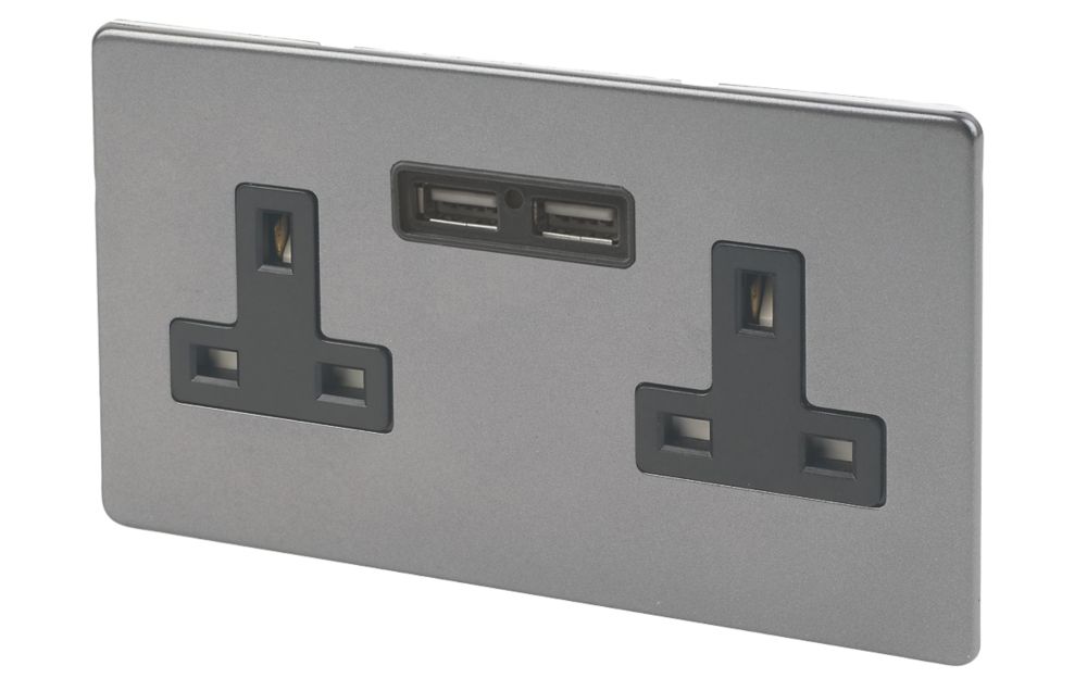 Image of Varilight 13AX 2-Gang Unswitched Socket + 2.1A 2-Outlet Type A USB Charger Slate Grey with Black Inserts 