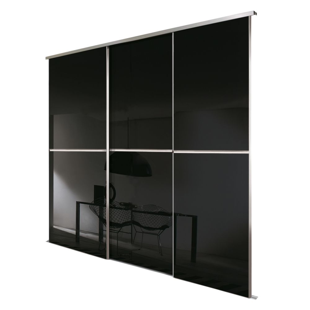 Image of Spacepro Minimalist 3-Door Sliding Wardrobe Door Kit Silver Frame Black Glass Panel 1806mm x 2260mm 