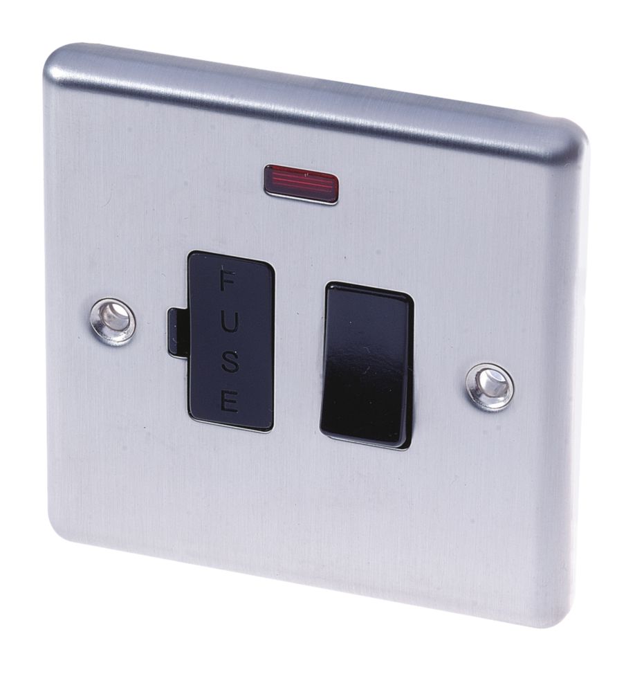 Image of LAP 13A Switched Fused Spur with LED Brushed Stainless Steel with Black Inserts 