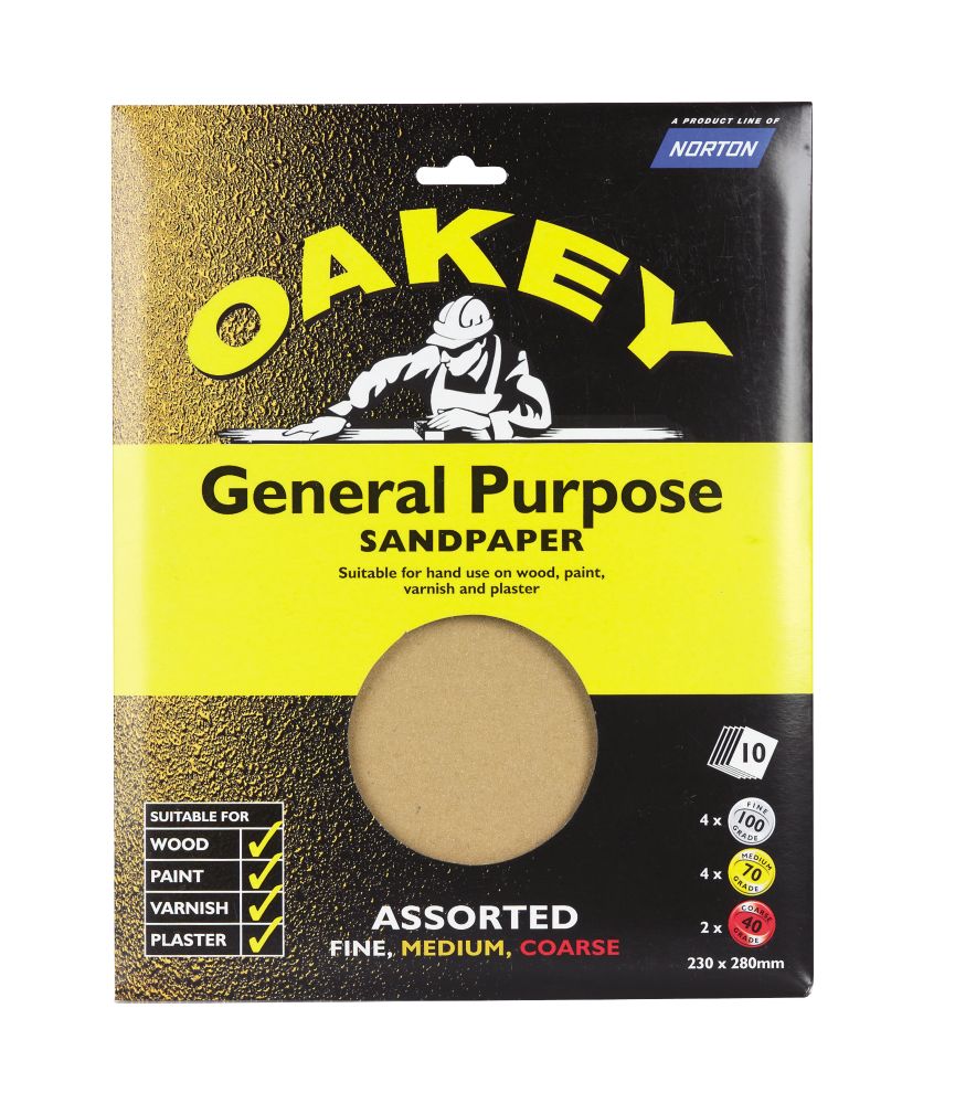 Image of Oakey Assorted Sandpaper Unpunched 280 x 230mm Assorted Grit 10 Pack 