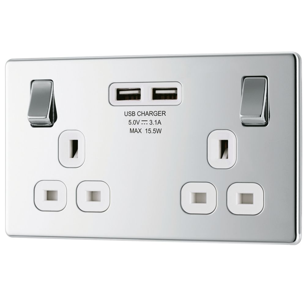 Image of LAP 13A 2-Gang DP Switched Socket + 3.1A 2-Outlet Type A USB Charger Polished Chrome with White Inserts 