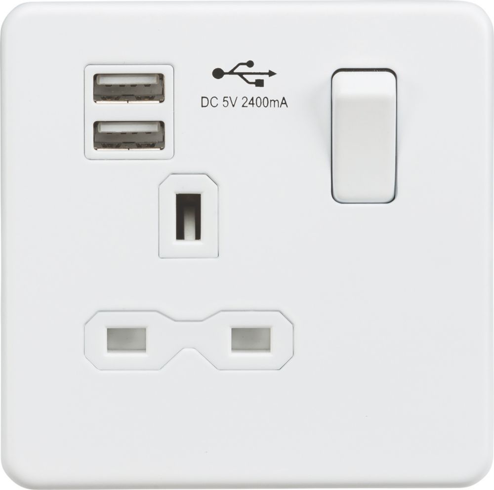Image of Knightsbridge 13A 1-Gang SP Switched Socket + 2.4A 2-Outlet Type A USB Charger Matt White with White Inserts 