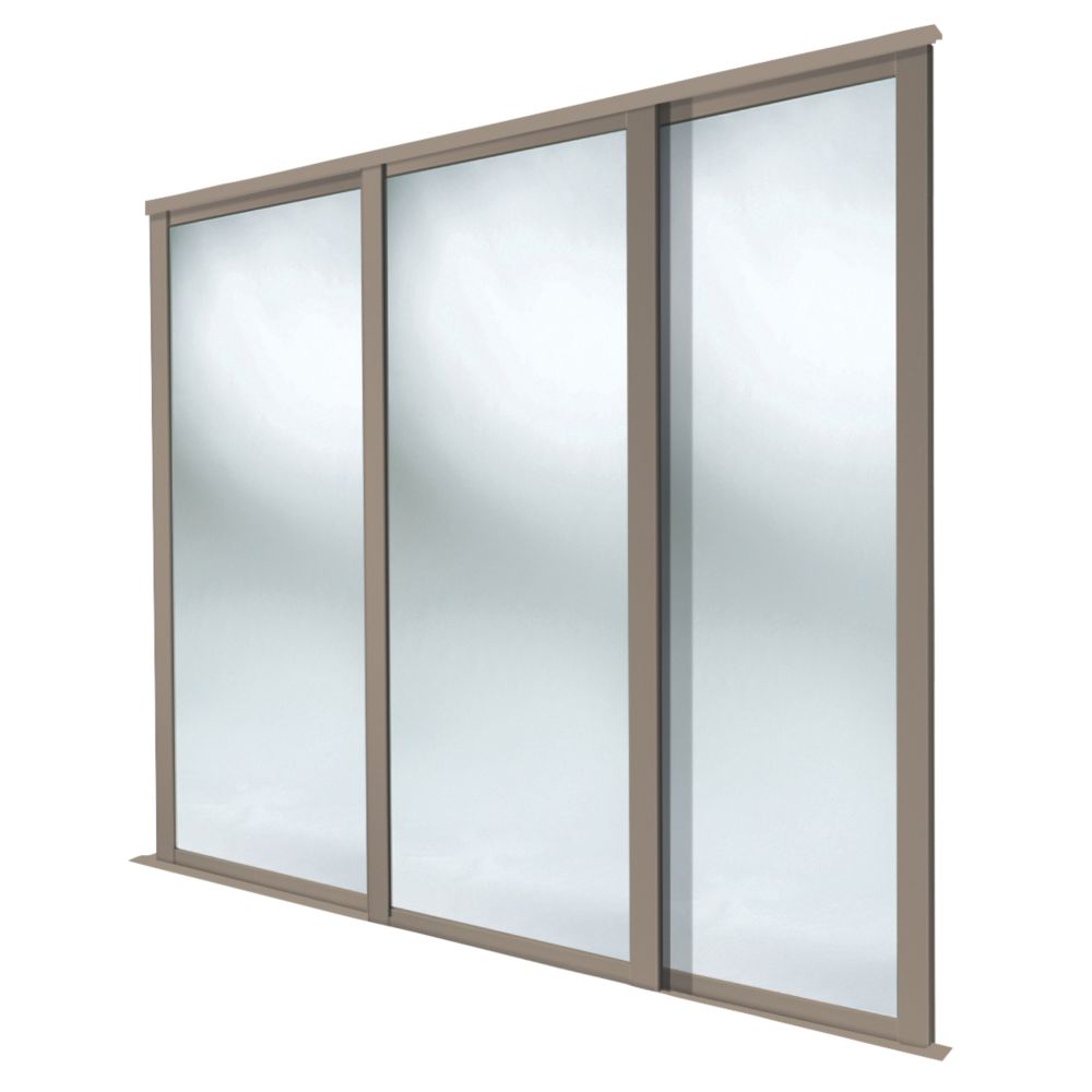 Image of Spacepro Shaker 3-Door Sliding Wardrobe Door Kit Stone Grey Frame Mirror Panel 2592mm x 2260mm 