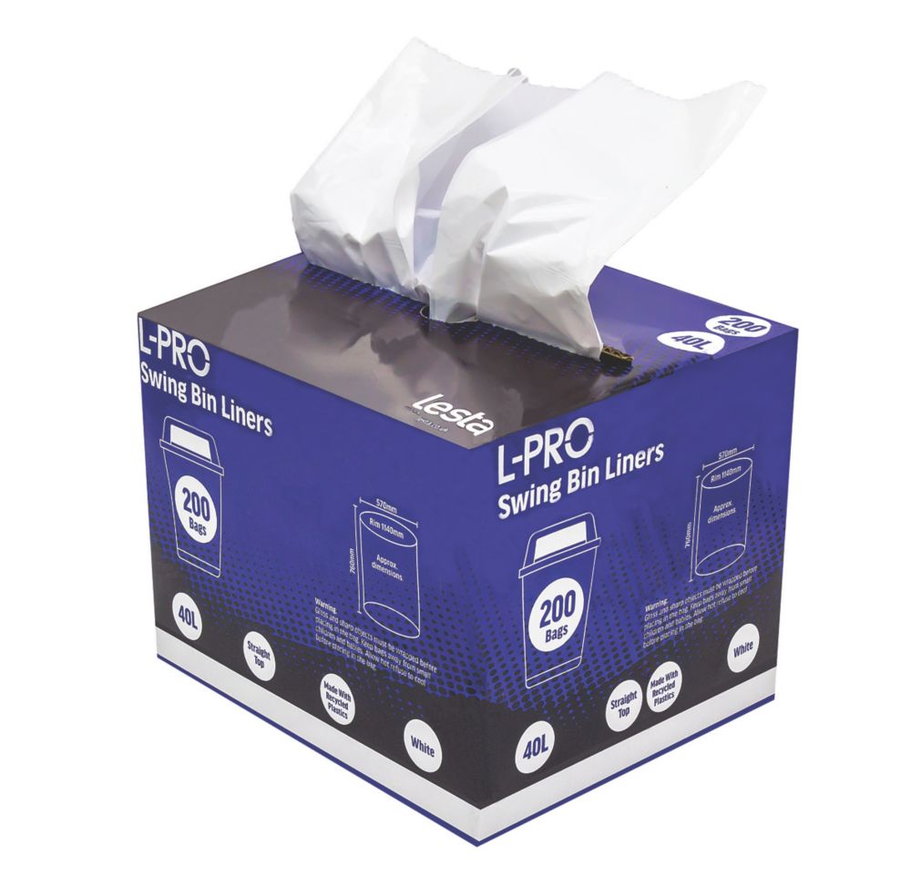 Image of L-PRO White Swing Bin Liners in Dispenser Box 40Ltr 200 Pack 