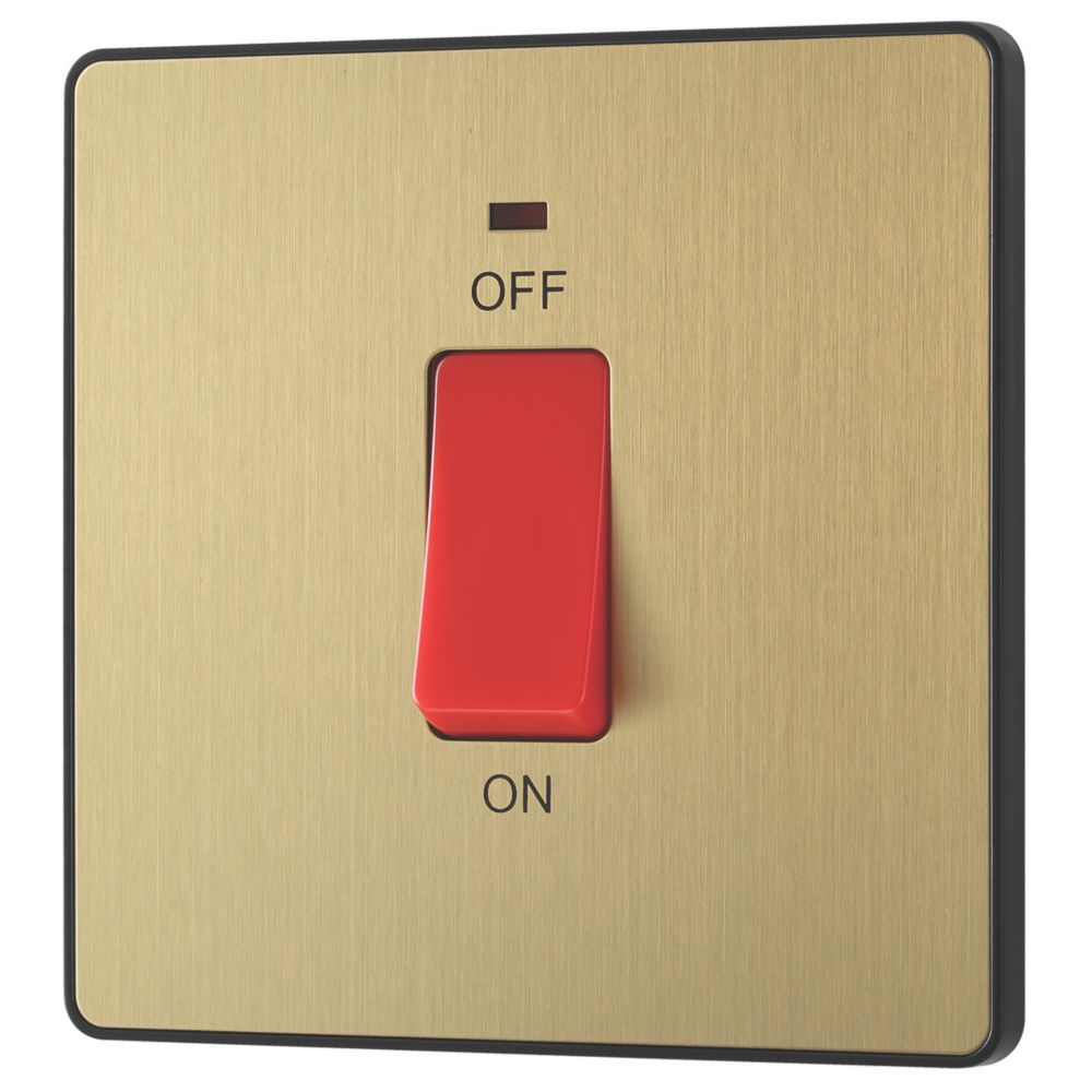 Image of British General Evolve 45A 1-Gang 2-Pole Cooker Switch Satin Brass with LED with Black Inserts 