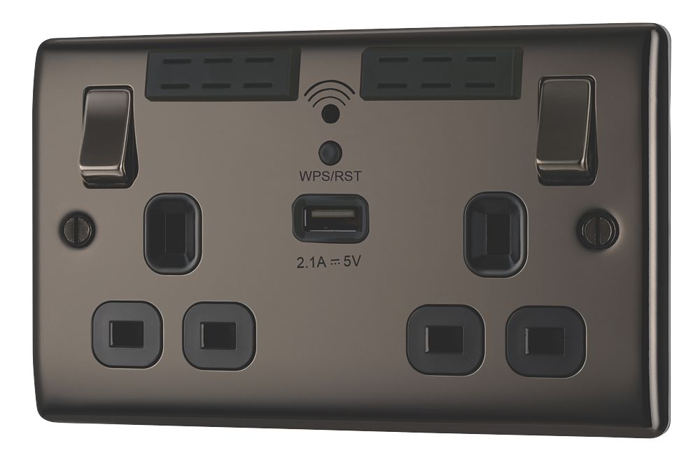 Image of British General Nexus Metal 13A 2-Gang SP Switched Wi-Fi Extender Socket + 2.1A 1-Outlet Type A USB Charger Black Nickel with Black Inserts 