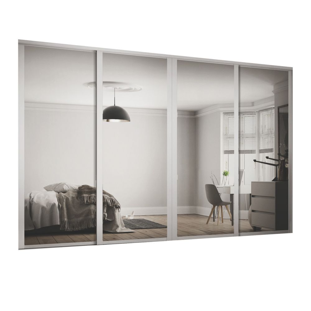 Image of Spacepro 4-Door Sliding Wardrobe Door Kit Dove Grey Frame Mirror Panel 2290mm x 2260mm 