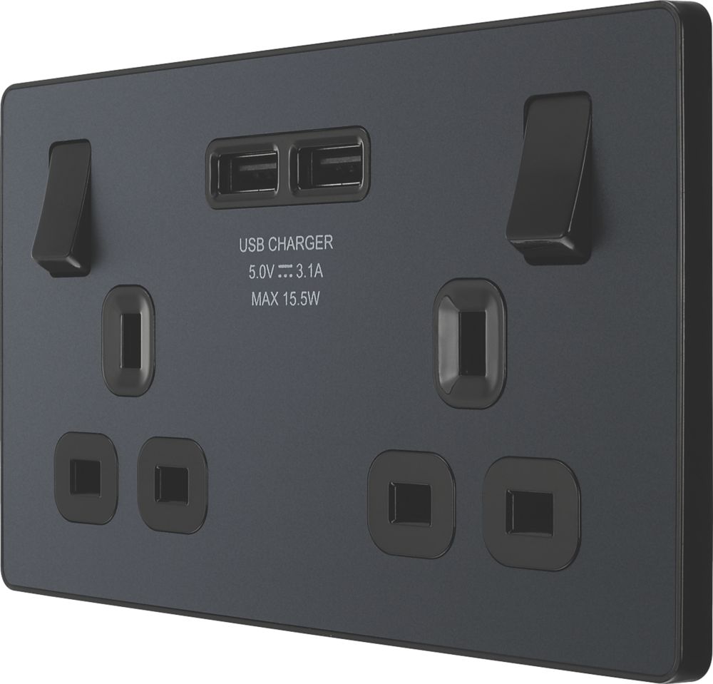 Image of British General Evolve 13A 2-Gang SP Switched Socket + 3.1A 2-Outlet Type A USB Charger Grey with Black Inserts 