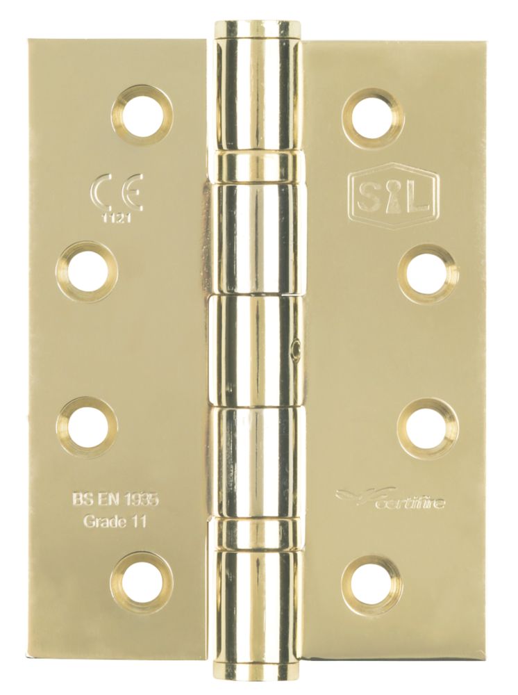 Image of Smith & Locke Electro Brass Grade 11 Fire Rated Ball Bearing Hinges 102mm x 76mm 3 Pack 