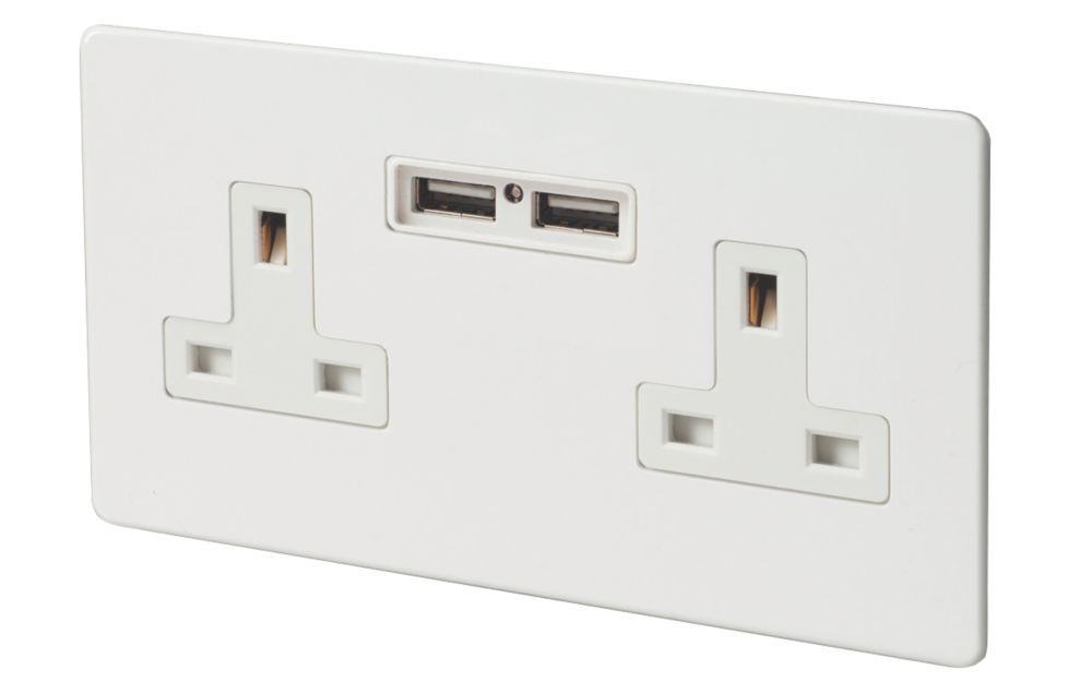 Image of Varilight 13AX 2-Gang Unswitched Socket + 2.1A 2-Outlet Type A USB Charger Ice White with White Inserts 