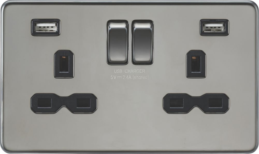 Image of Knightsbridge 13A 2-Gang SP Switched Socket + 2.4A 2-Outlet Type A USB Charger Black Nickel with Black Inserts 