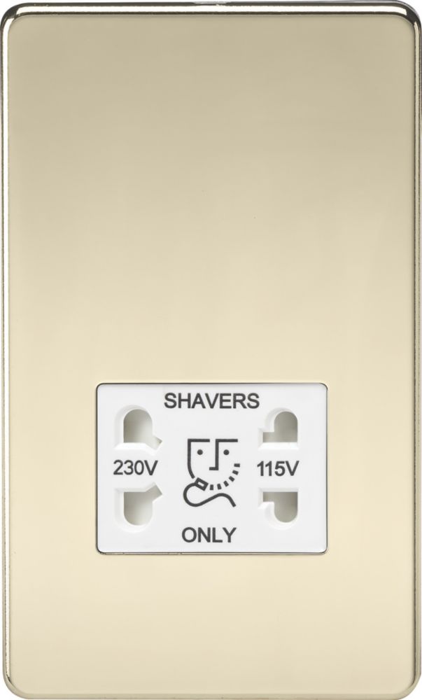 Image of Knightsbridge 2-Gang Dual Voltage Shaver Socket 115 V / 230V Polished Brass with White Inserts 