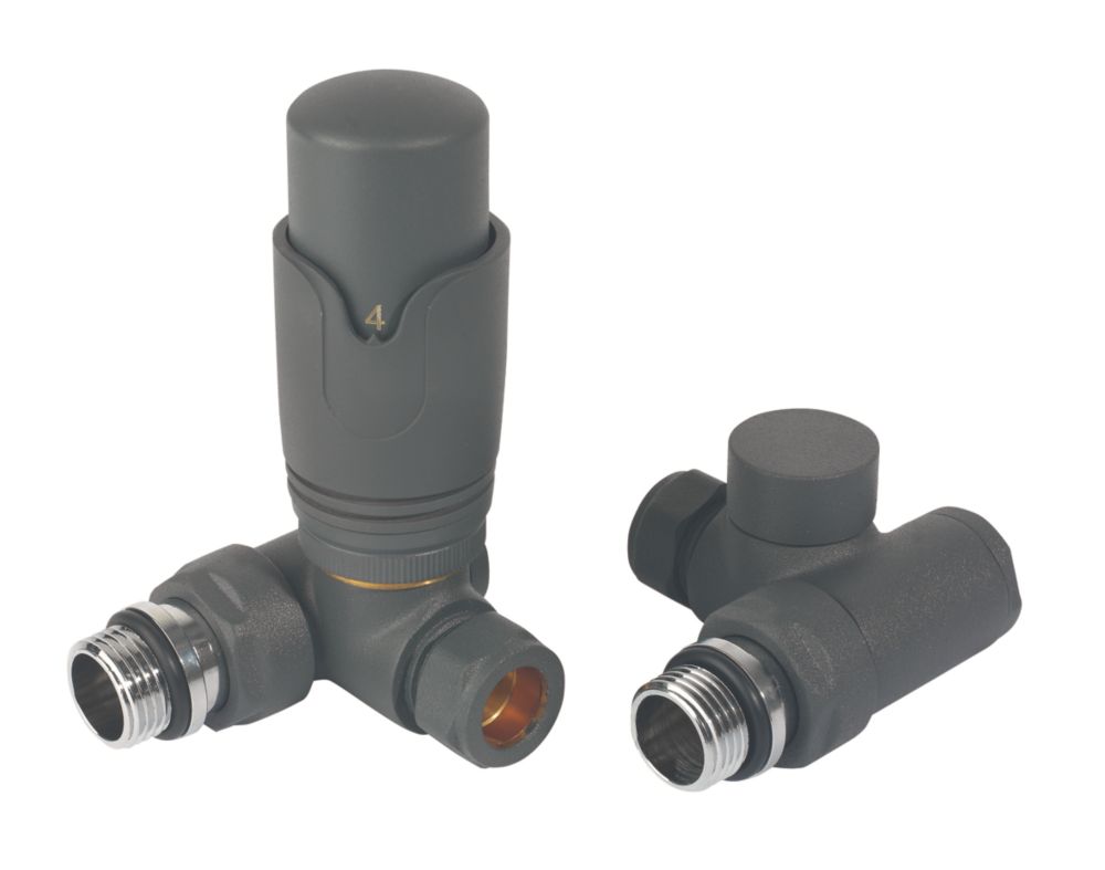 Image of Towelrads Anthracite Corner Thermostatic Dual Fuel Corner Radiator Valve & Lockshield 15mm x 1/2" 