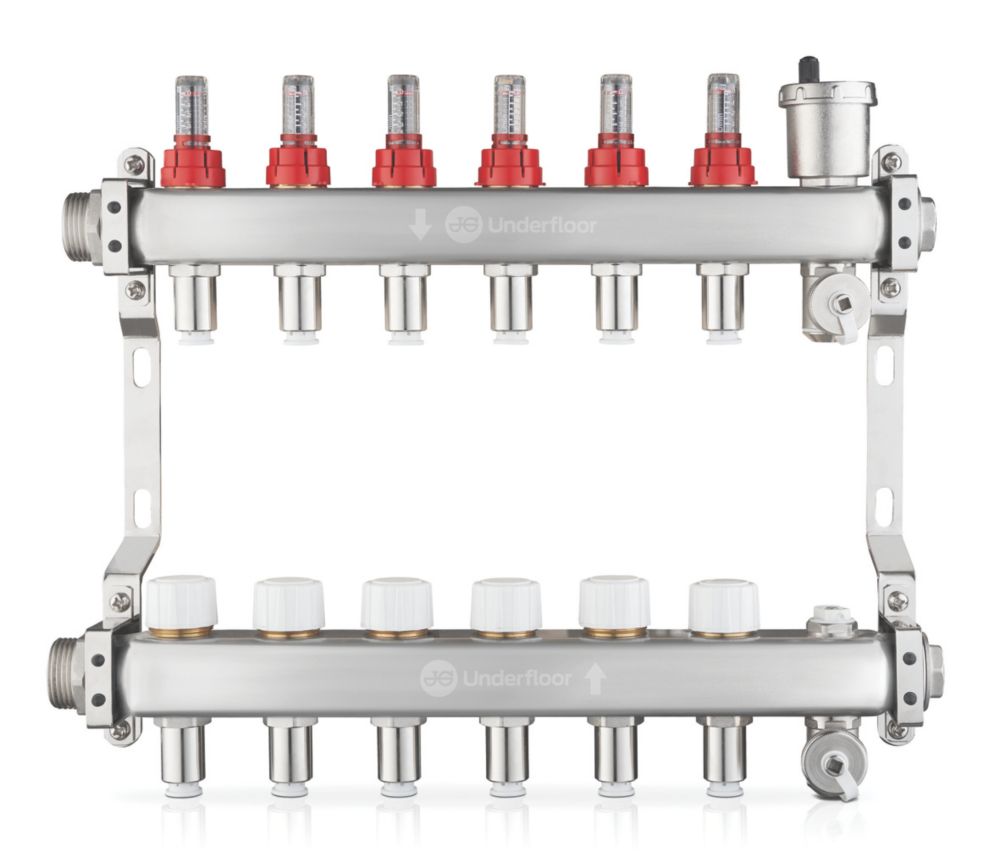 Image of JG Underfloor 6 Port LowFit Underfloor Heating Manifold Brushed Steel 