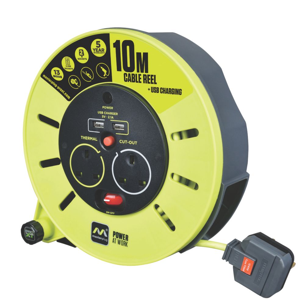 Image of PRO XT 13A 2-Gang 10m Cable Reel + 2.1A 2-Outlet Type A USB Charger 240V 