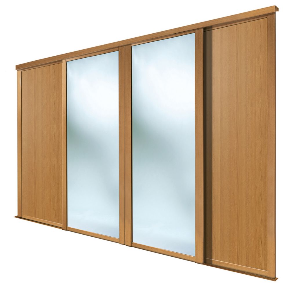 Image of Spacepro Shaker 4-Door Sliding Wardrobe Door Kit Oak Frame Oak / Mirror Panel 2898mm x 2260mm 