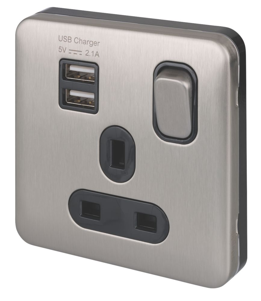 Image of Schneider Electric Lisse Deco 13A 1-Gang SP Switched Socket + 2.1A 2-Outlet Type A USB Charger Brushed Stainless Steel with Black Inserts 