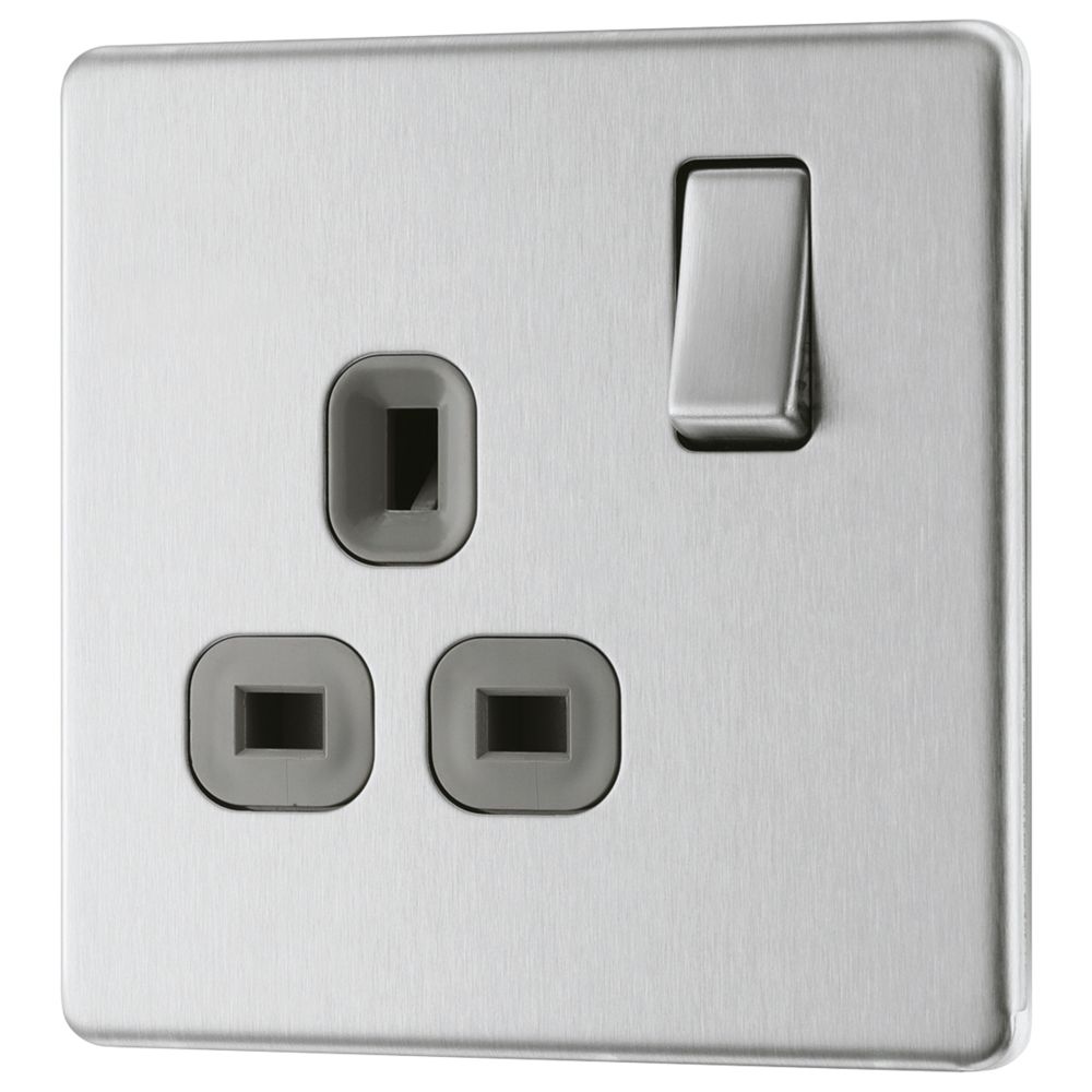 Image of LAP 13A 1-Gang DP Switched Power Socket Brushed Stainless Steel with Graphite Inserts 