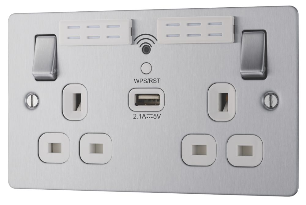 Image of LAP 13A 2-Gang SP Switched Wi-Fi Extender Socket + 2.1A 1-Outlet Type A USB Charger Brushed Stainless Steel with White Inserts 
