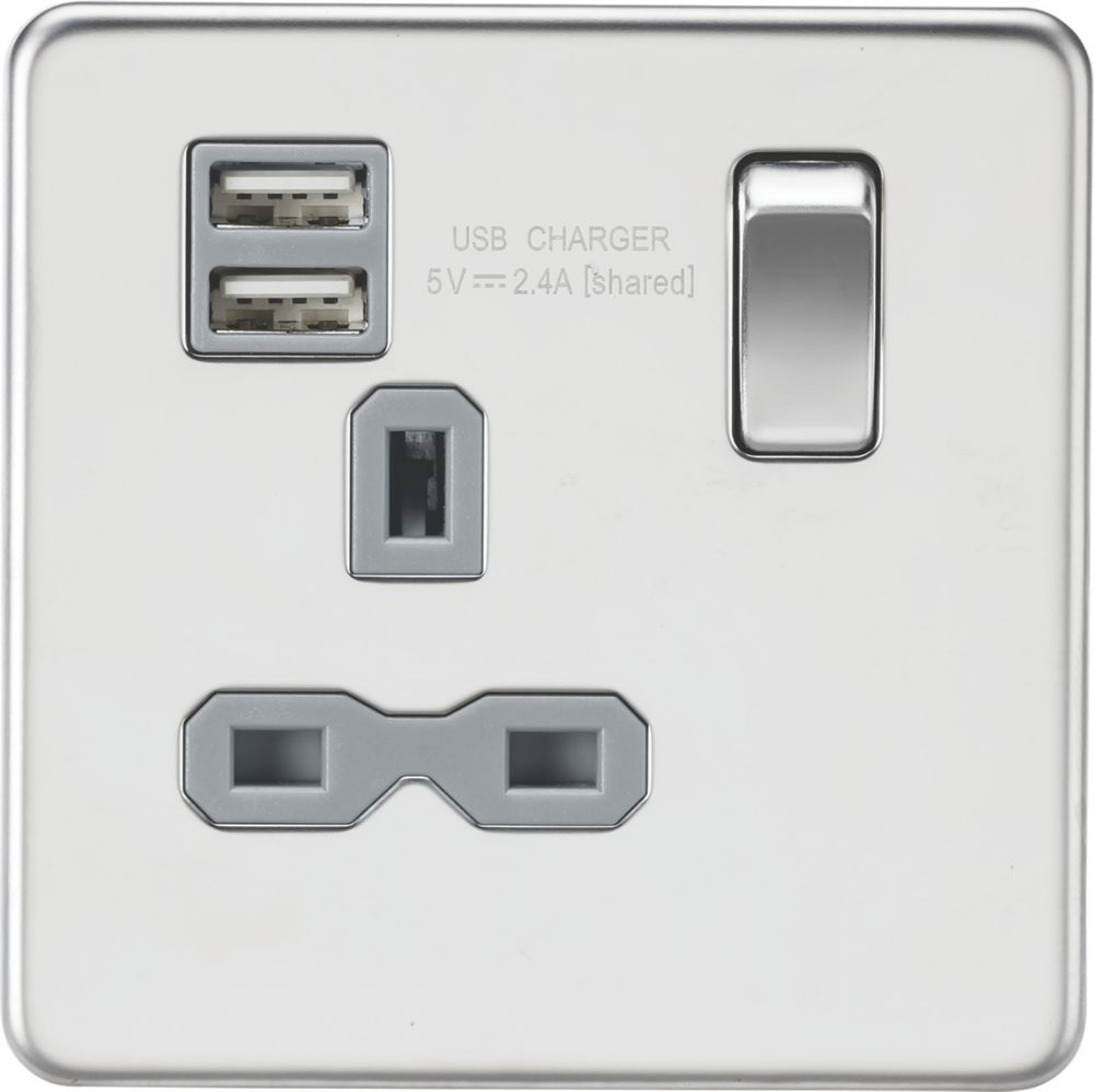Image of Knightsbridge 13A 1-Gang SP Switched Socket + 2.1A 2-Outlet Type A USB Charger Polished Chrome with Colour-Matched Inserts 